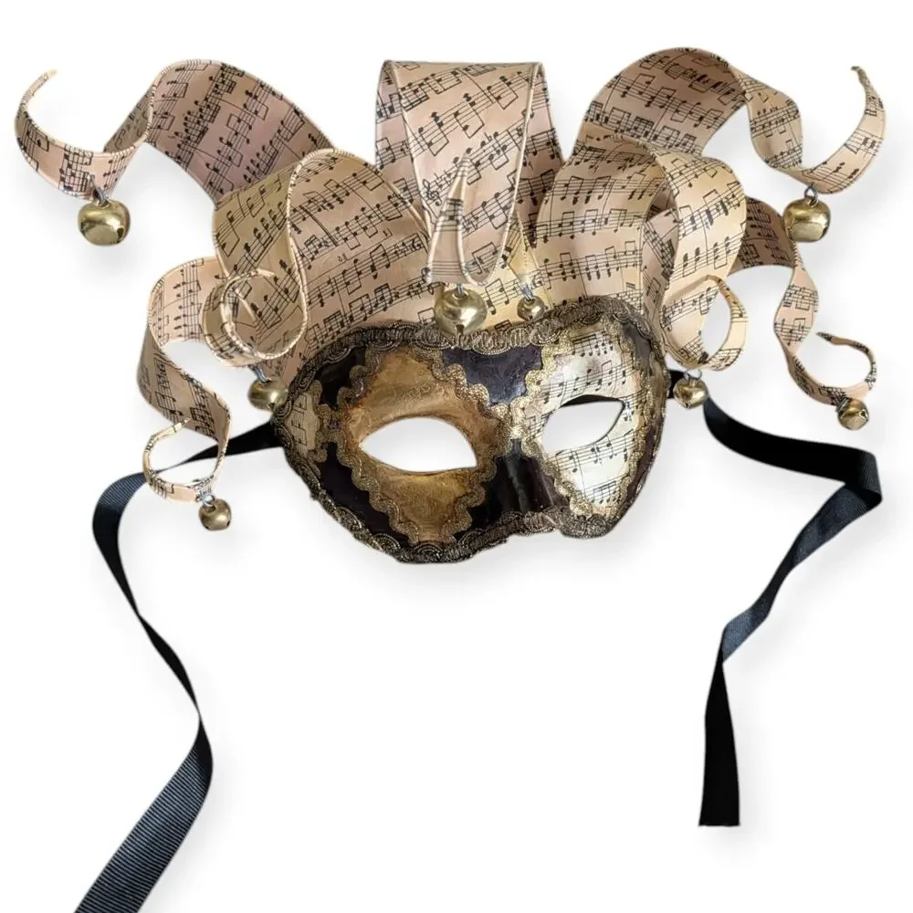 Venetian Jolly Mask with Musical Notes Golden Bells Handmade in Italy Masquerade